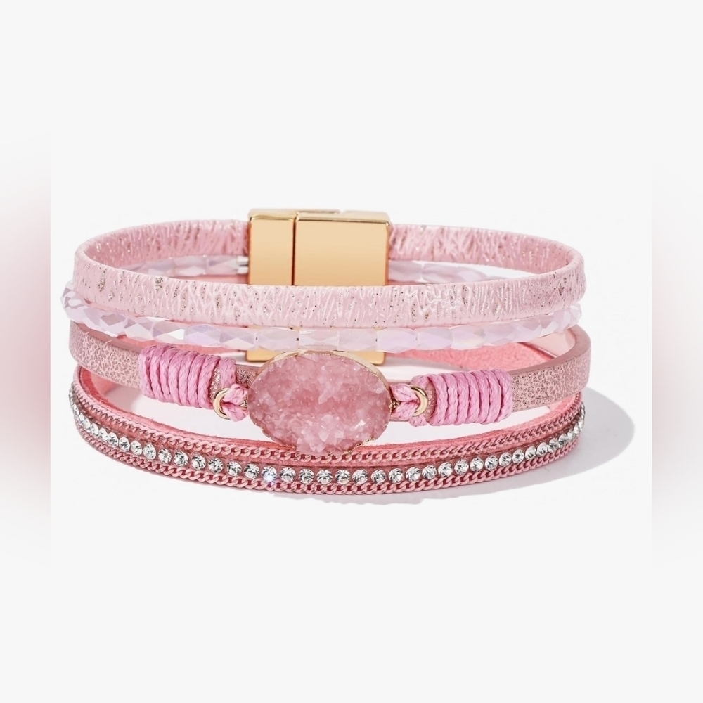 Faux Druzy And Faux Leather Multi-layered Wrap Bracelet